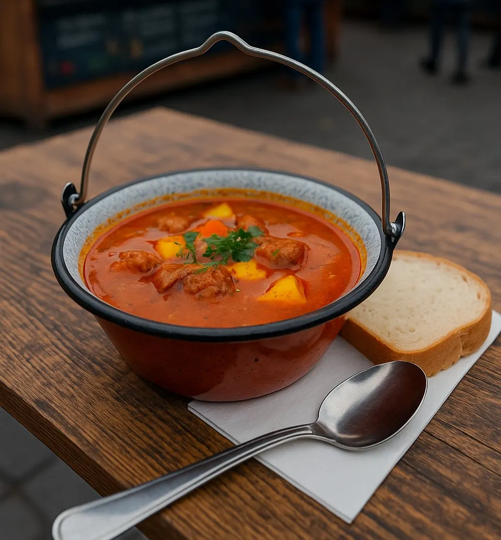 Hungarian goulash served in a small cast-iron kettle with a slice of white bread and a spoon, on a wooden table.